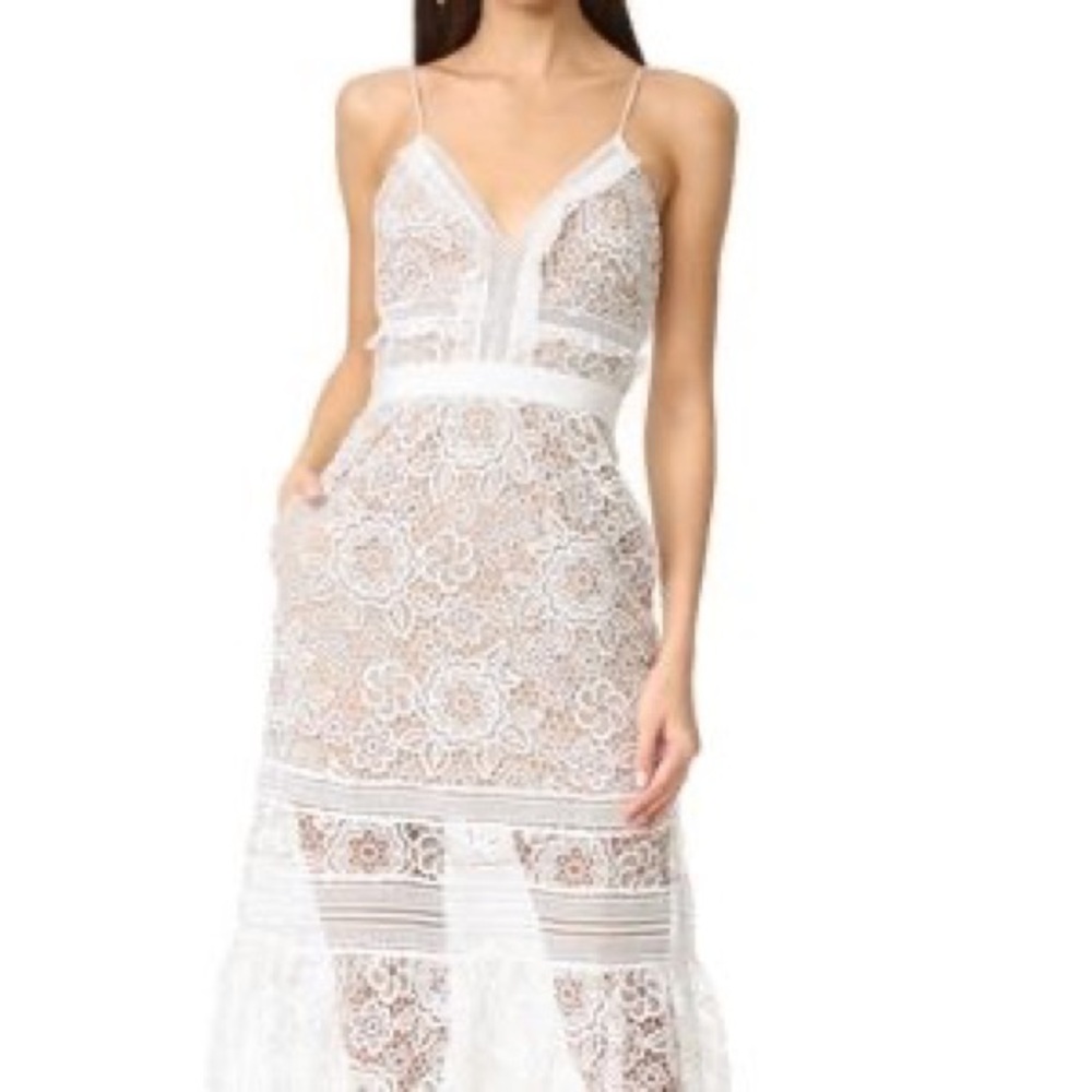 Self-Portrait White Floral Lace Spaghetti Strap V-Neck Midi Dress